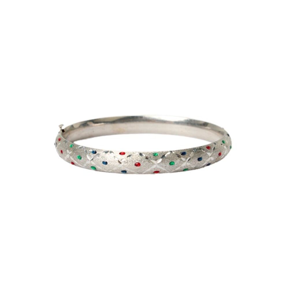 Designer Womens Vintage 925 Silver Enamel Dot Etched Bangle Bracelet 10g